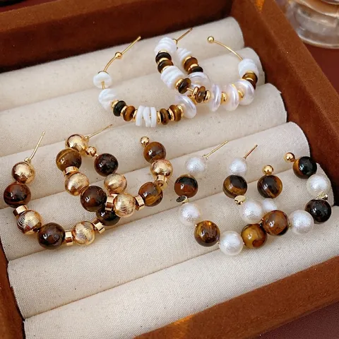 Orecchini A Cerchio A Forma Di C Retrò Con Pietra Occhio Di Tigre Conchiglia E Künstliche Perle Gioielli Boho Per Donne