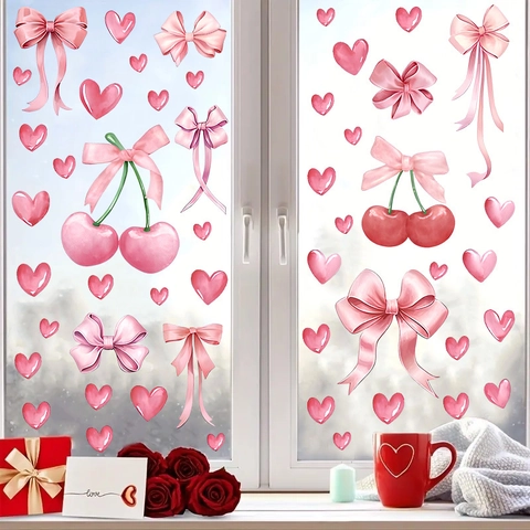 Adesivi Murali Acquerello Rosa PVC Cuore Ciliegia Fiocco Decorazione Per Camera Da Letto Romantica Decalcomanie Per Finestre Rimovibili DIY