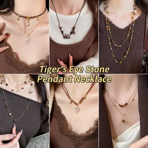 Collier Perles Œil De Tigre Vintage Pendentif Géométrique Cuivre Chaîne Pull Bijoux Mode Pour Femmes Rétro