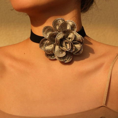 Collar Choker De Flor De Tela 3D Con Diamantes De Imitación Camelia Rosa Floral Elegante Joyería De Boda Fiesta Para Mujeres