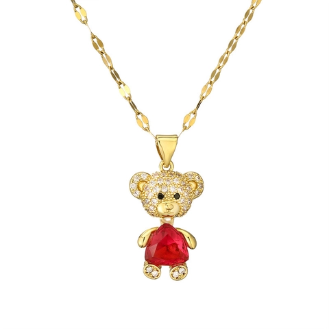 Cute Teddy Bear Pendant Necklace Copper Stainless Steel With Heart Zircon Elegant Gold Plated Jewelry For Women