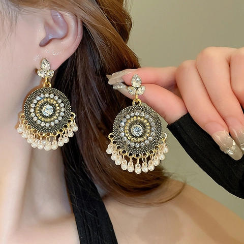 Bohemian Vintage Round Mandala Dangle Earrings With Alloy Rhinestones Faux Artificial Pearl And Silver Earring Post