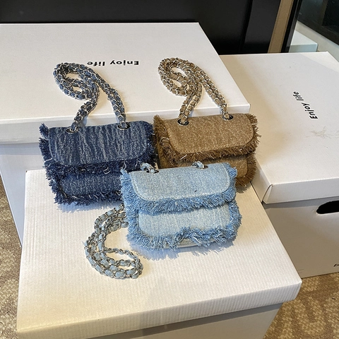 Kids Crossbody Shoulder Bag Denim Tweed Metal Chain Raw Edge Fringe Small Handbag Fashion Casual Boys Girls