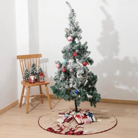 Christmas Tree Skirt Burlap Reindeer Buffalo Plaid Pattern Snowflake Embroidery Rustic Holiday Xmas Party Home Decoration