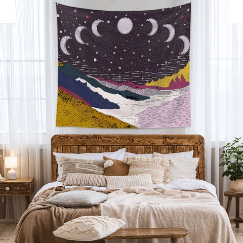 Wandteppich Mondphasen Sternennacht Gebirgslandschaft Polyester Bedruckt Böhmische Hängedekoration Für Schlafzimmer