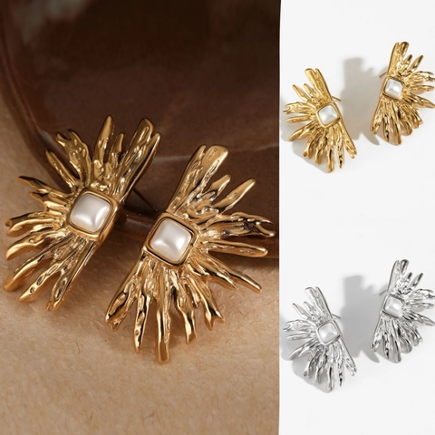 Orecchini A Lobo Sunburst Acciaio Inossidabile Con Perla Artificial Quadrata Vintage Astratto Placcato Oro Per Donne