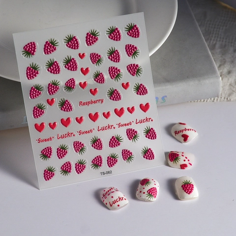 Adesivi Per Nail Art In Rilievo 5D Motivo Lampone Frutta Cuore Autoadesivi Impermeabili Decalcomanie Manicure Fai Da Te