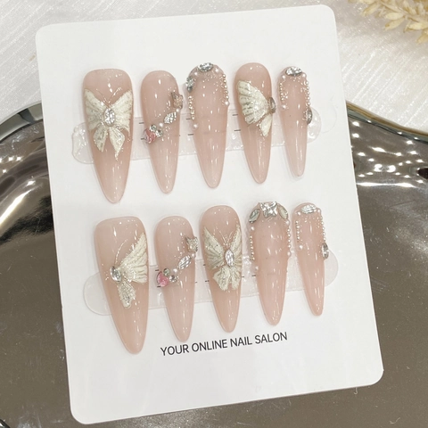 Uñas Postizas Hechas A Mano Largas Almendra Stiletto Mariposa 3D Perla Artificial Estrás Decoración Nude Rosa Dulce Elegante
