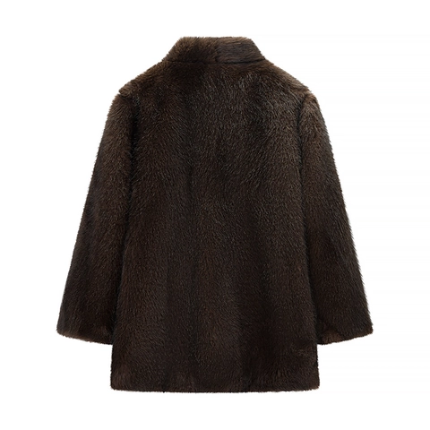 Women Faux Fur Coat Winter Warm Plush Jacket Solid Color V Neck Long Sleeve Elegant Outerwear