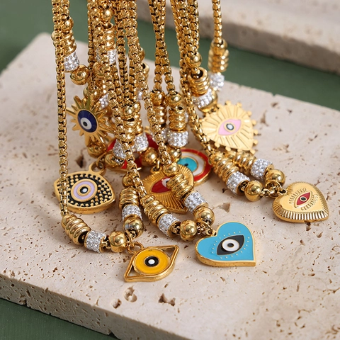 Evil Eye Heart Star Pendant Bracelet Titanium Steel Enamel Cubic Zirconia Adjustable Vintage Jewelry For Women