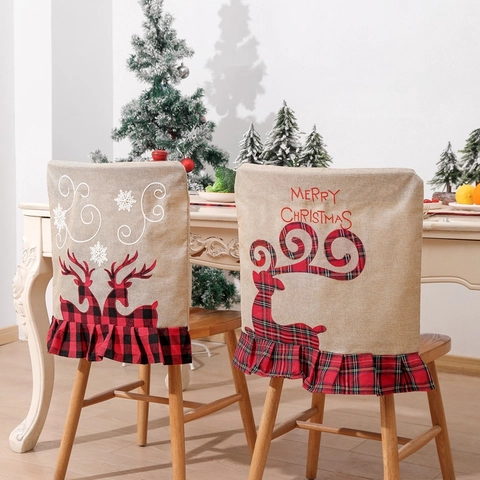 Coprisedie Natalizie Imitazione Lino Renna Babbo Natale Quadri Volant Decorazioni Festive Per Sala Da Pranzo