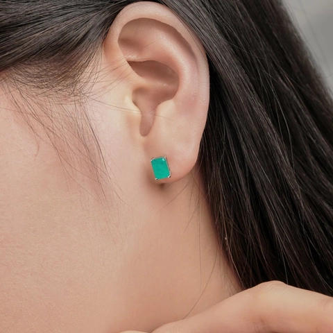 Emerald Cut Green Zircon Stud Earrings With 925 Sterling Silver Earring Post French Vintage Elegant For Women