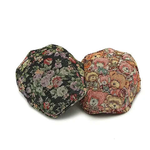 Vintage Jacquard Ivy Cap Polyester Floral Bear Pattern Adjustable Peaked Flat Cap For Women Retro Style