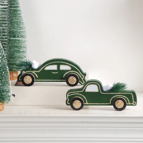 Kerst Houten Auto Ornamenten Donkergroen Vrachtwagen En Sedan Met Mini Pijnboom Goud Glitter Voor Bureau Decor Vintage Stijl