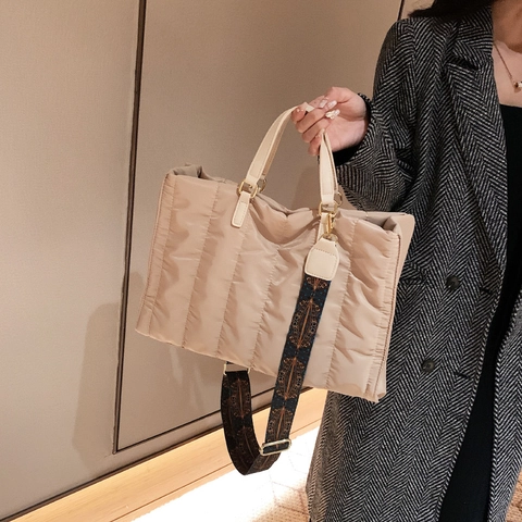 Quilted Tote Bag Nylon Puffer Large Capacity Ethnic Style Print Wide Strap Shoulder Handbag For Women