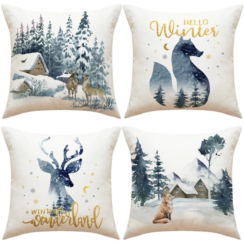 Housse De Coussin De Noël Motif Forêt D'Hiver Renard Cerf Lin Taie D'Oreiller Décorative Pour Canapé Maison