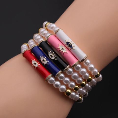 Evil Eye Beaded Bracelet With Copper Beads Imitation Artificial Pearl Enamel Tube Zircon Bohemian Fashion Charm Jewelry For Women