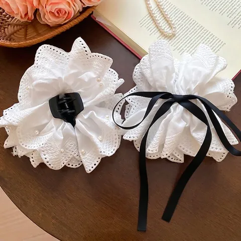 Pinces À Cheveux En Dentelle Avec Künstliche Perles Élégantes Noeud En Tissu Blanc Pince Requin Pour Femmes Filles Style Français