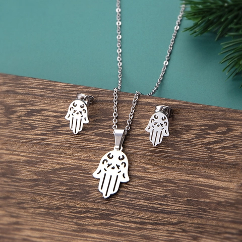 Hamsa Hand Halskette Und Ohrringe Edelstahl Hohl Fatima Hand Evil Eye Schmuck Für Frauen Trendy