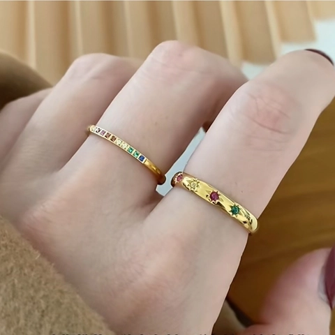 Rainbow Eternity Ring Gold Plated Stainless Steel Colorful Zircon Stackable Star Engraved French Style Fashion Jewelry For Women