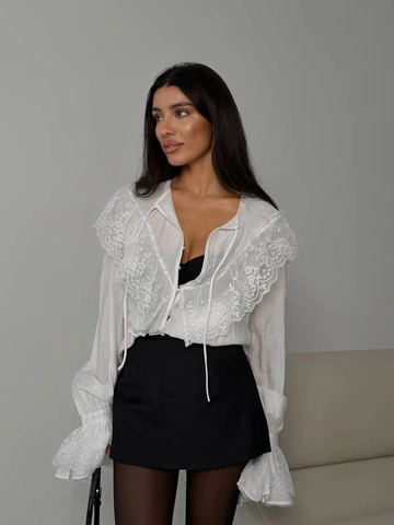 Women White Lace Trim Blouse V Neck Ruffle Flared Sleeve French Retro Style Polyester Shirt