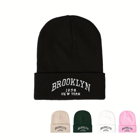 Brooklyn 1898 New York Embroidery Knitted Beanie Warm Winter Acrylic Cuffed Hat Casual Streetwear For Men And Women