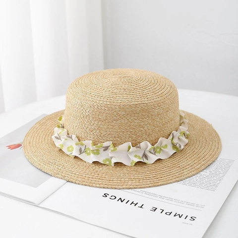 Chapeau De Paille Femme Haut Plat Solaire Plage Vacances Ruban Fleuri Plissé Doux Respirant