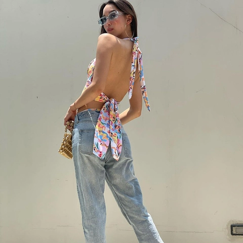 Women Halter Neck Top Sexy Backless Crop Top Colorful Retro Figure Print Polyester Spandex Summer Streetwear Sleeveless