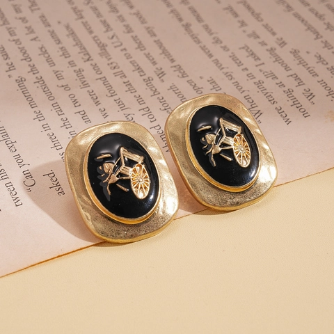 Vintage Alloy Enamel Stud Earrings With Silver Earring Post Retro Geometric Oval Carriage Pattern Jewelry For Women