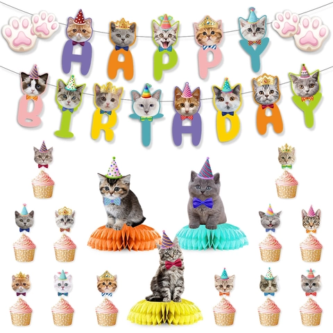 Pet Birthday Party Decoration Cat Dog Theme Happy Birthday Banner Cake Toppers Honeycomb Ornaments Paper Hanging Decor
