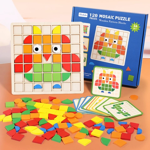 Treehole Wooden Mosaic Puzzle 3D Geometric Shape Pattern Blocks Educational Early Learning Toy For Kids Creative Montessori Toy