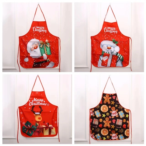 Christmas Apron Polyester Cartoon Santa Snowman Printed Kitchen Cooking Party Decoration Gift