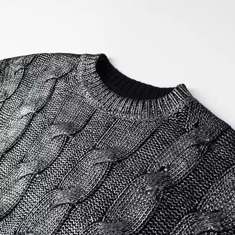 Maglione Donna Maglia Trecce Argento Metallizzato Girocollo Maniche Lunghe