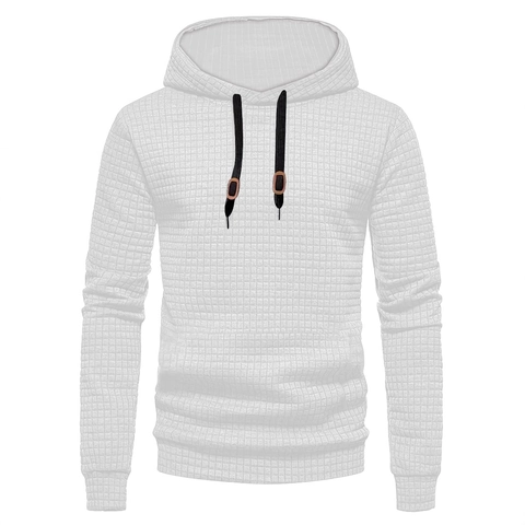 Men Hoodie Waffle Knit Jacquard Grid Long Sleeve Hooded Sweatshirt Casual Urban Style Loose Fit Solid Color