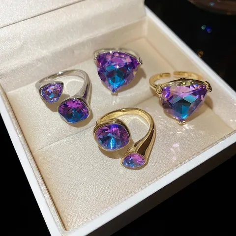 Large Geometric Triangle Rhinestone Open Ring Alloy Crystal Square Adjustable Index Finger Jewelry For Women Light Luxury