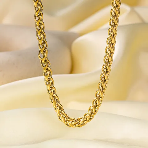 Wheat Chain Necklace And Bracelet 18K Gold Plated Stainless Steel Woven Braided Trendy Jewelry Women