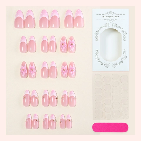 Faux Ongles Press On Forme Amande Avec Fleurs 3D Künstliche Perles Décor Rose Blanc French Tip Élégants Peints À La Main