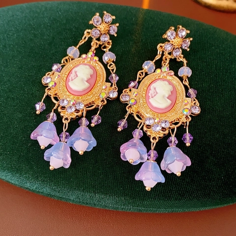 Boucles D Oreilles Pendantes Camée Baroque Vintage Avec Silver Earring Post Alliage Strass Fleur Glaçée Pour Femme