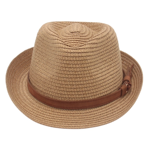 Straw Fedora Trilby Hat Summer Beach Sun Protection Breathable Short Brim With Decorative Faux Leather Belt Tassels