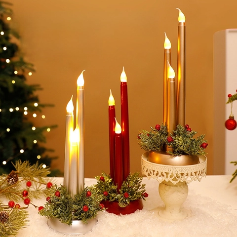 Christmas LED Candle Light Electronic Flickering Flameless Candle Lamp Desktop Ornament With Pine Berry Base Holiday Decor