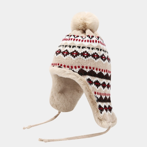 Gorro Trampero Invierno Acrílico Tejido Forro Piel Sintética Gorro Cálido Resistente Al Viento Con Pompón Para Mujeres