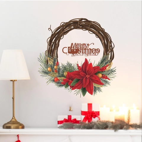 Christmas Wreath Wall Sticker PVC Self Adhesive Merry Christmas Floral Decal For Home Office Living Room Decoration