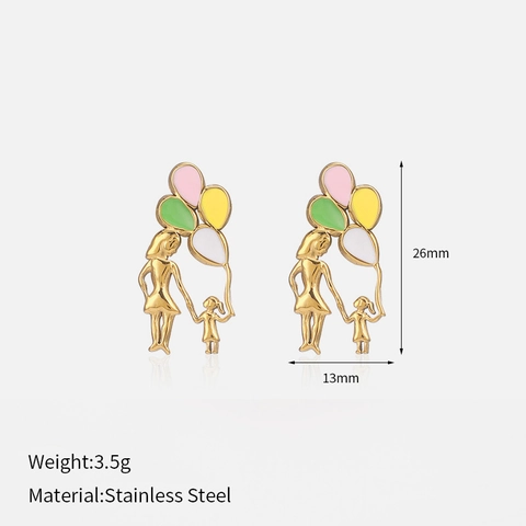 Boucles D'Oreilles Puce Ballon Mère Fille Acier Inoxydable Plaque Or Émail Coloré Bijoux Pour Femmes