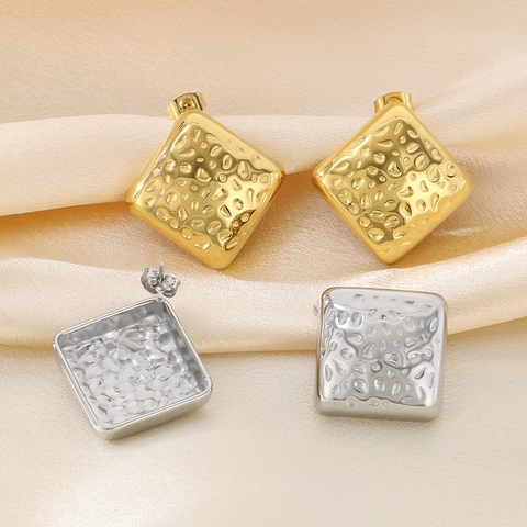 Stainless Steel Hammered Texture Square Stud Earrings For Women Geometric Uneven Surface Minimalist Fashion Jewelry