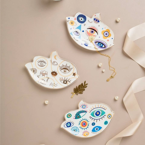 Ceramic Jewelry Tray Hamsa Hand Evil Eye Trinket Dish Gold Rim Decorative Ring Holder Plate For Dresser Entryway