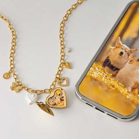 Collar Medallón Foto Corazón Acero Inoxidable Perla Artificial Concha Charms Mariposa Grabado I Love You Oro Mujer
