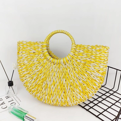 Damen Gewebte Handtasche Papierschnur Halbkreis Sommer Strand Urlaub Handgemacht Kontrastfarbe Boho Tote Tasche