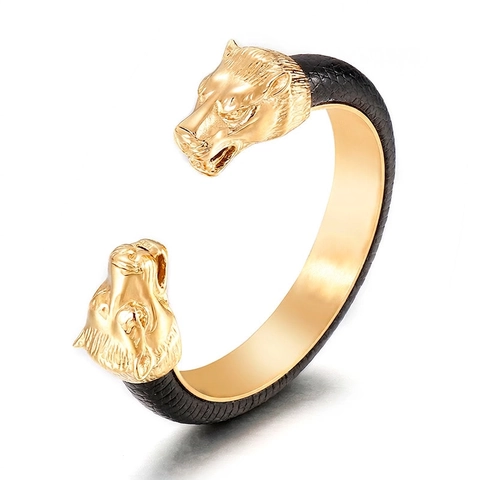 Bracciale Rigido Da Uomo In Acciaio Inossidabile Con Consistenza In Pelle Di Vacchetta Doppia Testa Di Leone Stile Punk