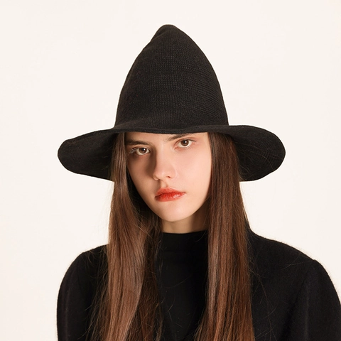 Knitted Halloween Witch Hat For Women Foldable Pointed Wizard Hat Crochet Magic Hat For Cosplay Party Daily Fashion Hat