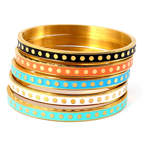 Fashion Enamel Bangle Stainless Steel Bracelet Polka Dot Pattern Hinged Closure Minimalist Jewelry Women Men
